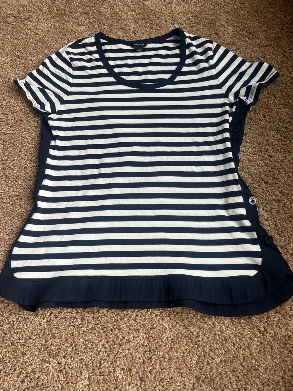 Nautica Navy and White Striped Button-Side Tee Size L